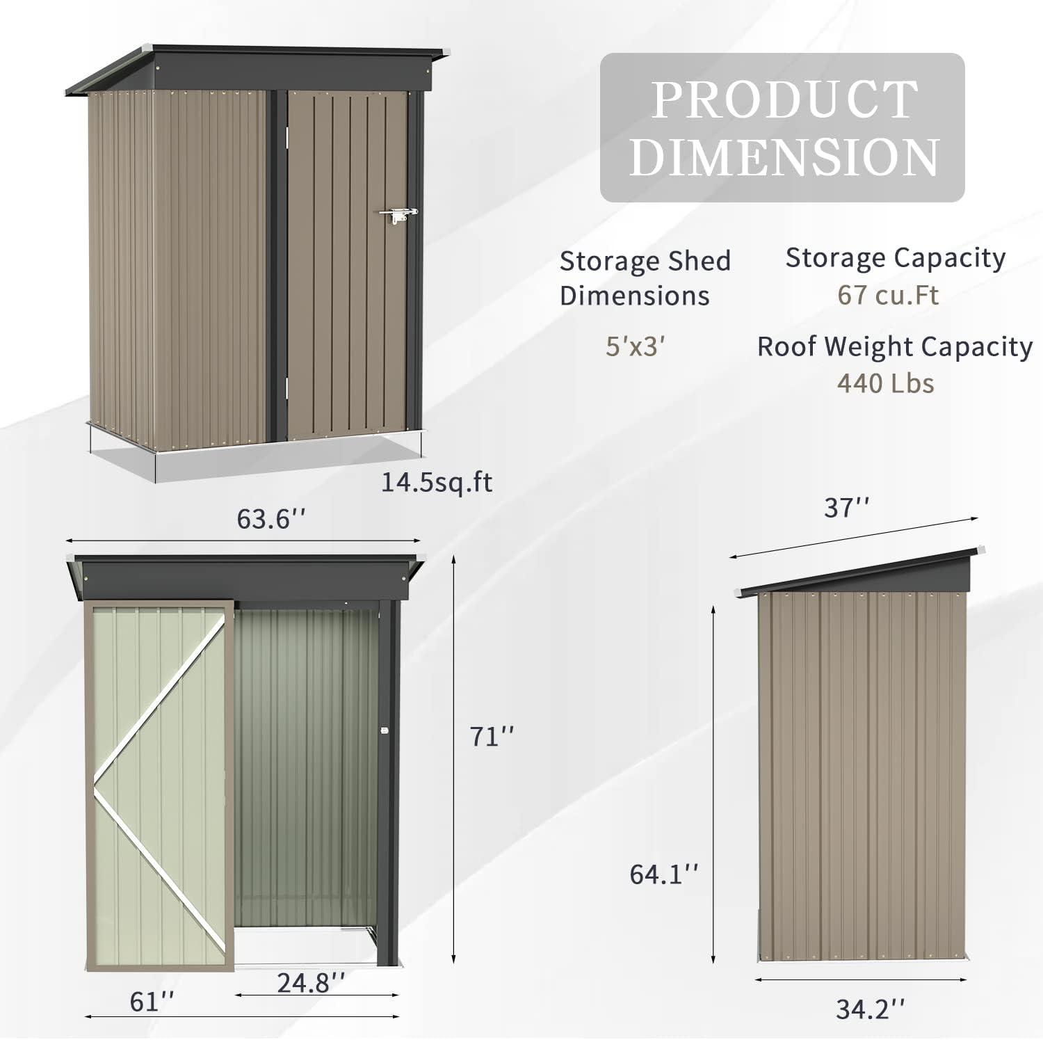 Outdoor Storage Shed 5X3 FT Small Outside Sheds & Outdoor Storage Anti-Corrosion Metal Shed Waterproof Outdoor Storage Cabinet with Door & Lock for Backyard Patio Lawn (Brown)