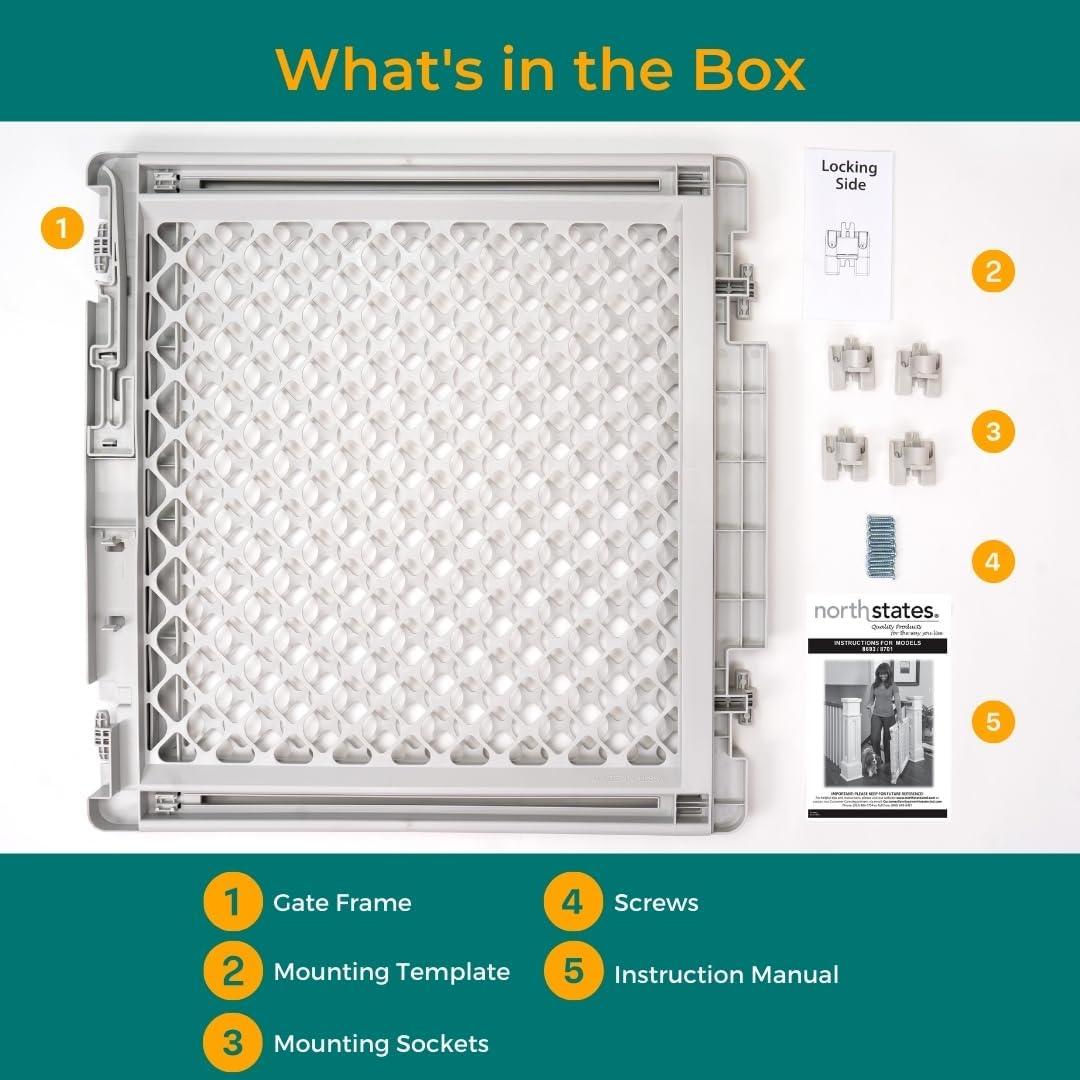 Light Gray Plastic and Metal Swinging Pet Gate for Stairs and Doorways