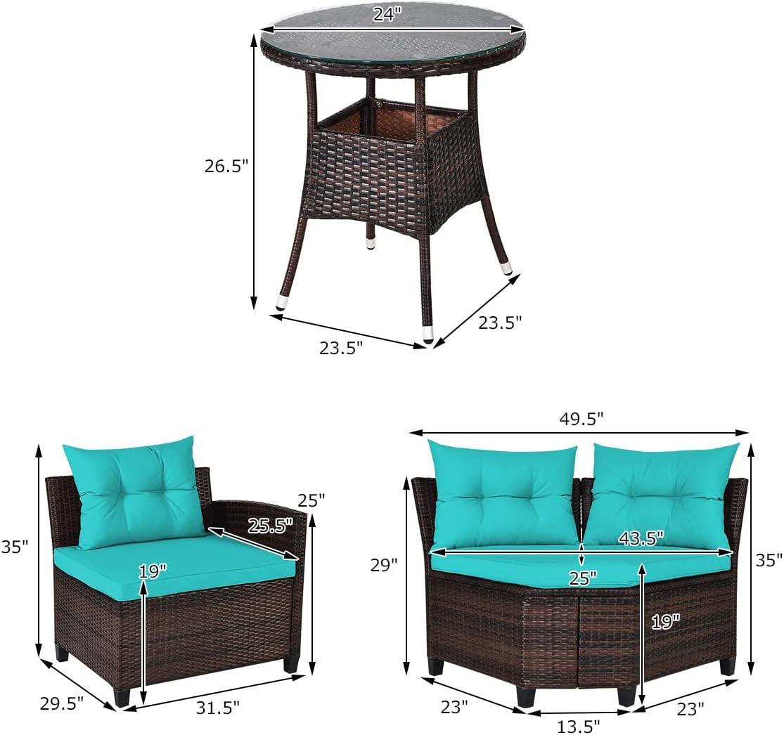 Costway 4PCS Outdoor Patio Rattan Furniture Set Cushioned Sofa Table Turquoise