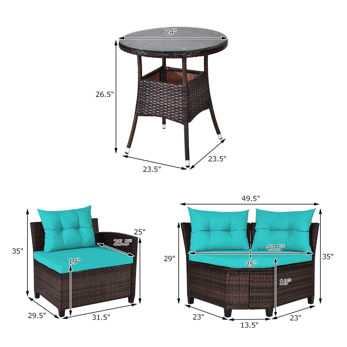 Costway 4PCS Outdoor Patio Rattan Furniture Set Cushioned Sofa Table Turquoise