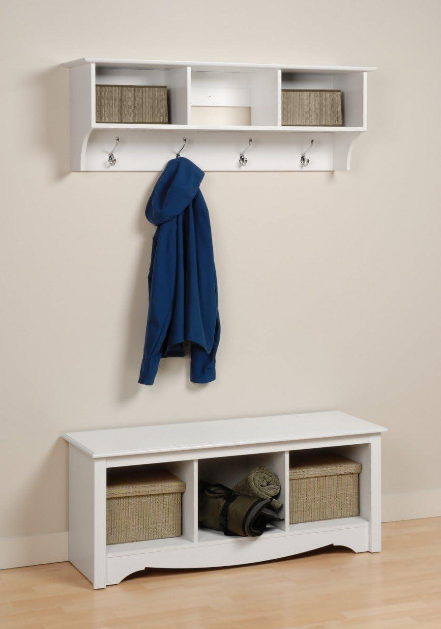 White MDF Wall-Mounted Entryway Cubbie Shelf with Coat Hooks