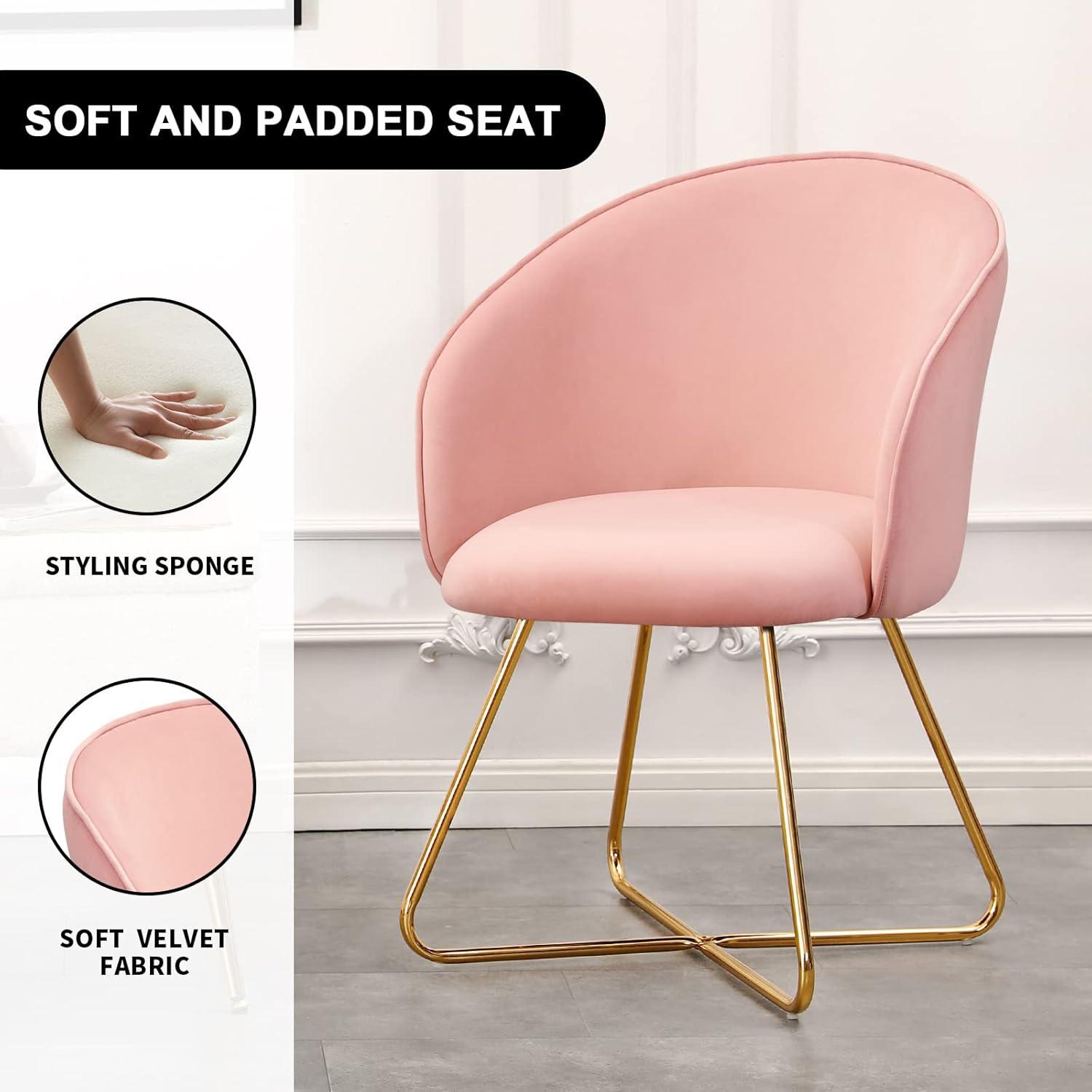 Furniliving  Velvet Upholstered Accent Chair Mid-Back Leisure Chairs Makeup Vanity Stool  , Pink