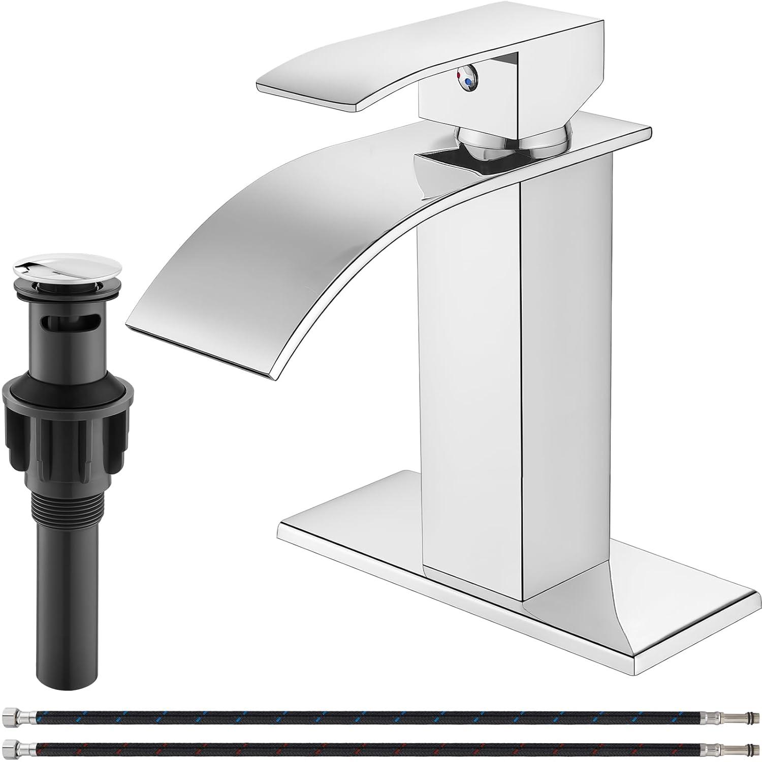 Midanya Waterfall Spout Bathroom Faucet Single Handle 1 Hole Bathroom Sink Faucet,Modern RV Lavatory Vanity Basin Tap with Water Hose,Short Body,Polish Chrome