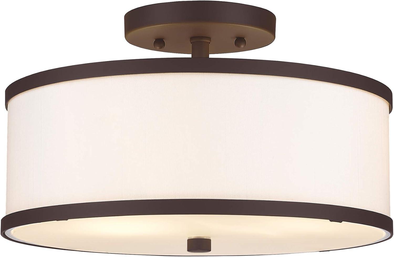 Bronze 2-Light Drum Ceiling Mount with Off-White Fabric Shade