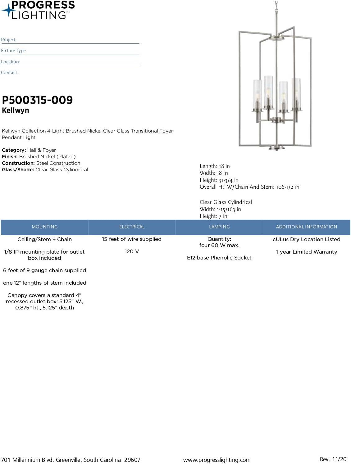 Progress Lighting P500315-009 Kellwyn - 4 Light Foyer   Brushed Nickel Finish with Clear Glass