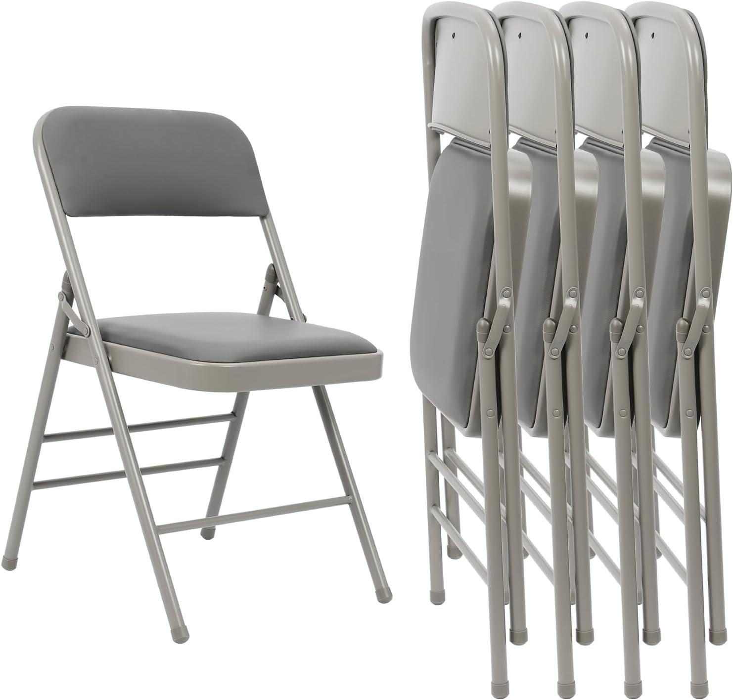 Folding Chairs with Padded Cushion and Back, 4pcs Potable Iron & PVC Durable Chairs for Indoor and Outdoor, School, Office and Garden Party, Gray