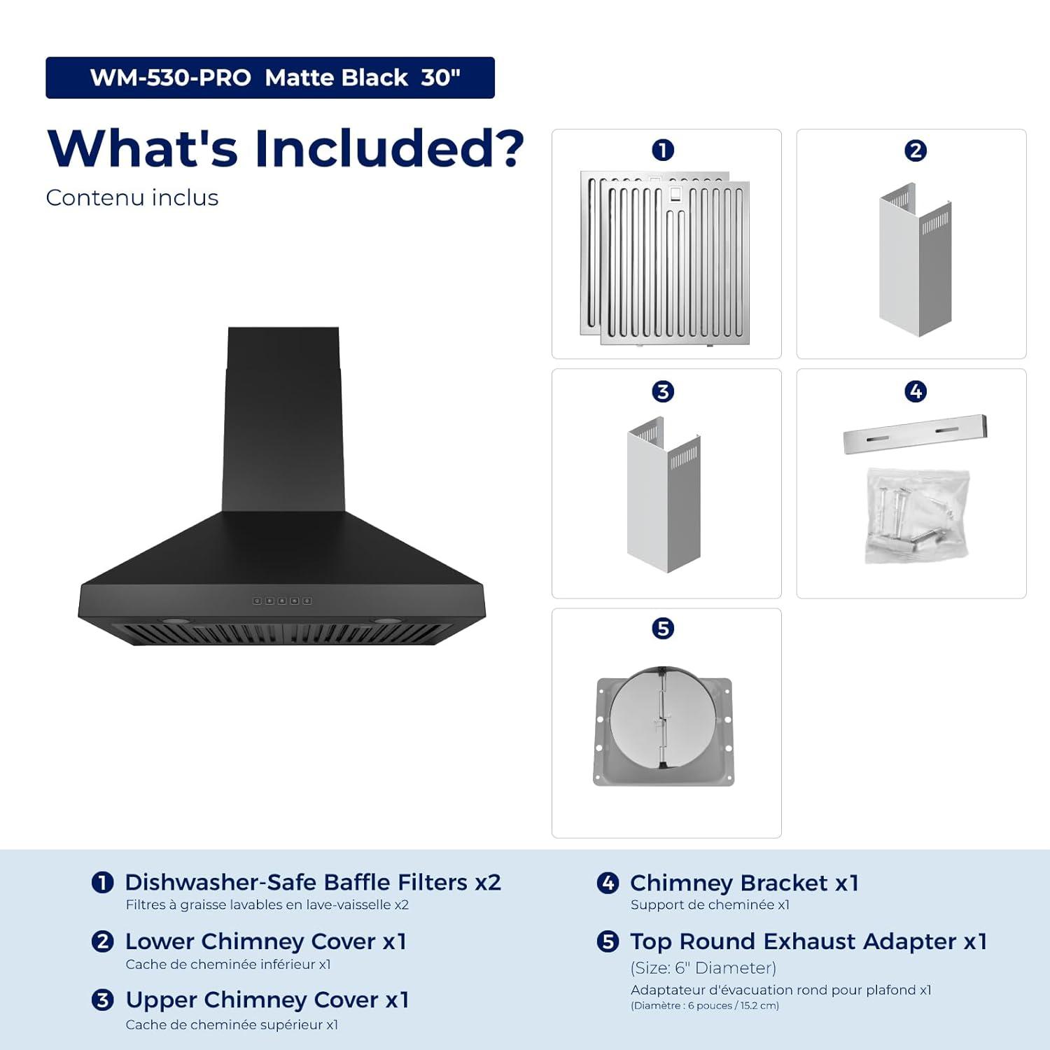 Hauslane Hauslane Wall Mount Range Hood 30 Inch | Wall Chimney | 6” Duct/Ductless Convertible, Strong Suction, Six-layer Aluminum Filters, Changeable LED Lamps, Stove Kitchen Vent Hood WM-530BLK-30B