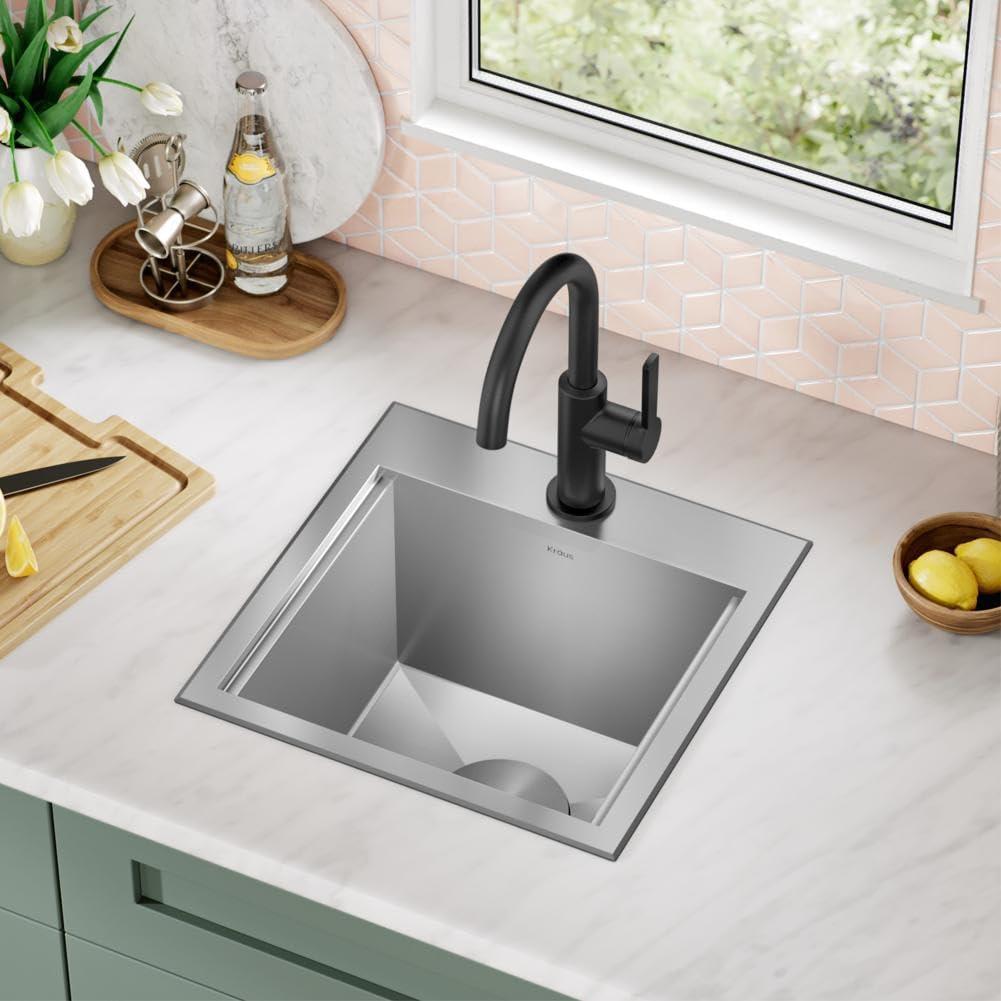 KRAUS Kore™ 15" L Drop-In Top Mount Workstation 16 Gauge Stainless Steel Square Single Bowl Kitchen Bar Sink