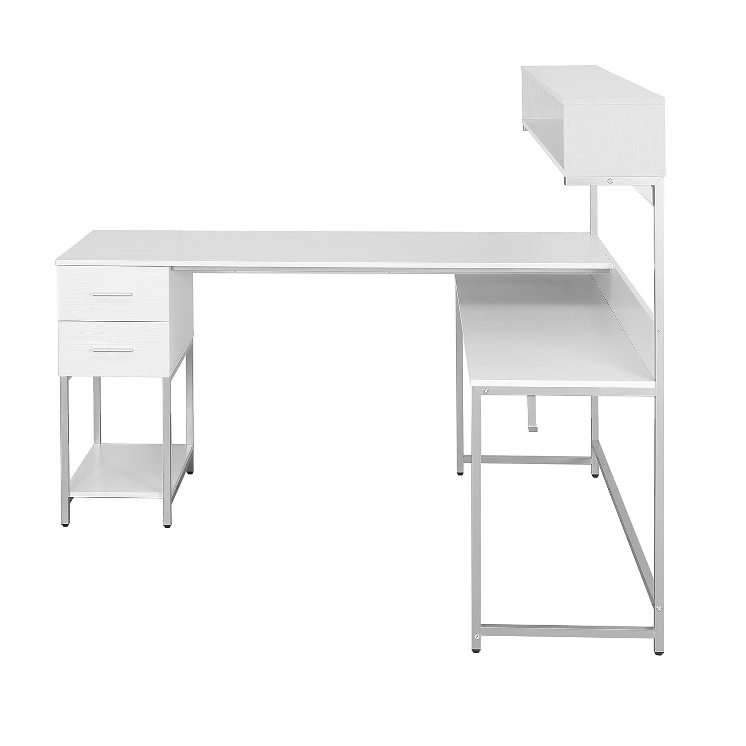L Shape Desk with Hutch and Storage White - Techni Mobili: Industrial Style, Engineered Wood, Steel Frame, Ample Workspace