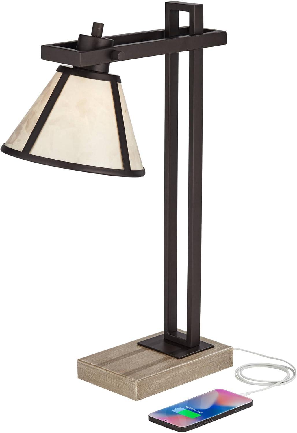 Franklin Iron Works Maricopa Rustic Farmhouse Desk Lamp 21 1/4" High Bronze Metal with USB and AC Power Outlet Mica Shade for Bedroom Living Room Home