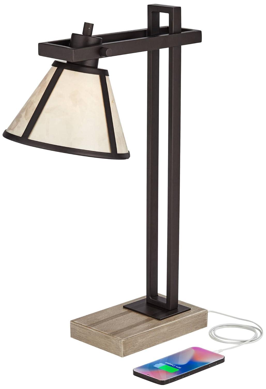 Franklin Iron Works Maricopa Rustic Farmhouse Desk Lamp 21 1/4" High Bronze Metal with USB and AC Power Outlet Mica Shade for Bedroom Living Room Home