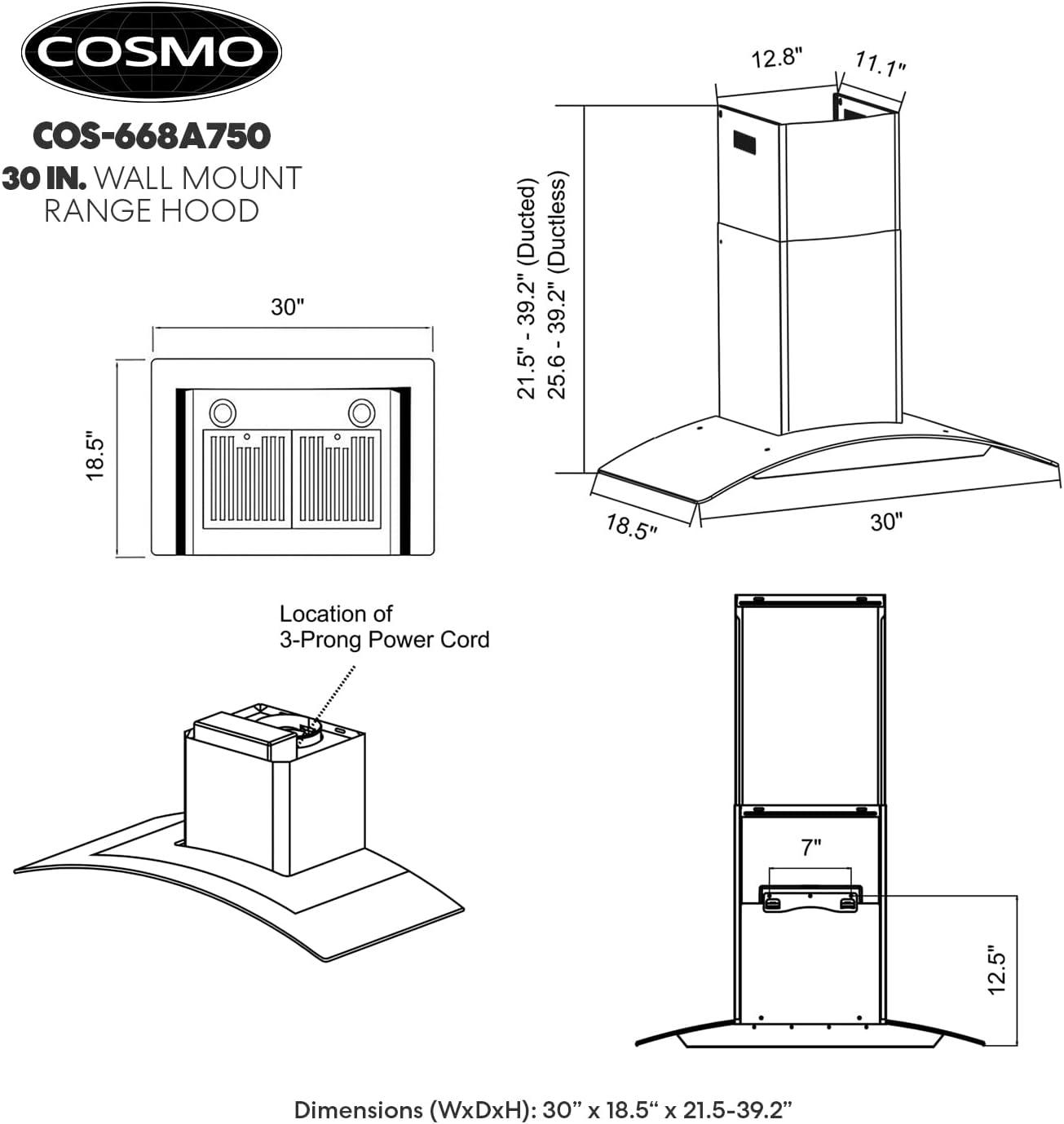 30-Inch Stainless Steel Wall Mount Convertible Range Hood with Glass Canopy