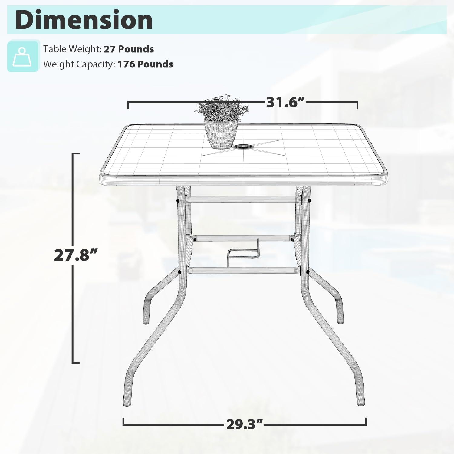 Square Outdoor Table, Patio Table with Umbrella Hole, Patio Dining Table with Tempered Glass, Outdoor Dining Tables, Square Patio Table for Balcony, Backyard, Poolside, Sunroom, Patio Tables, Black