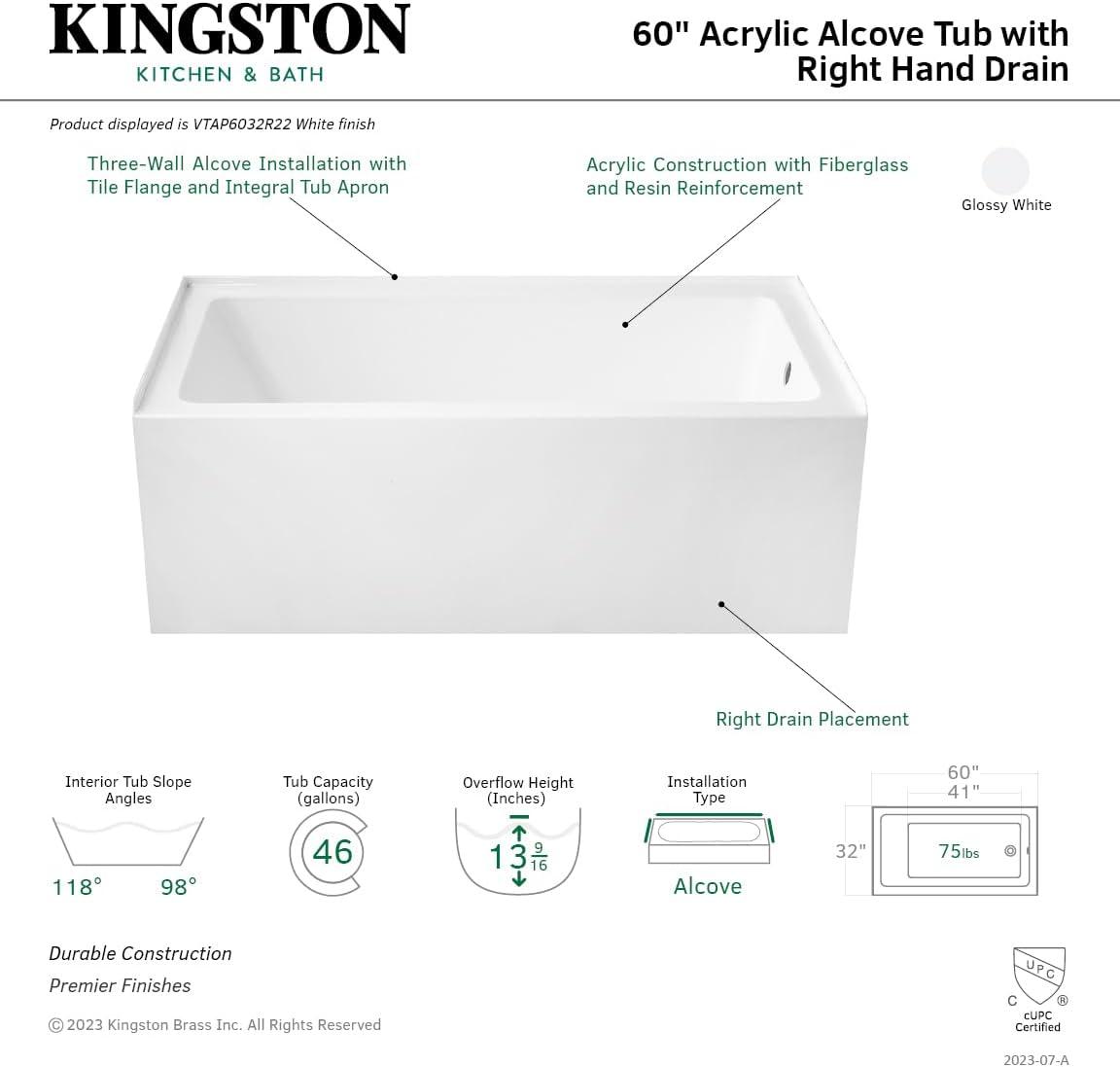 Kingston Brass Aqua Eden 60-Inch Acrylic Rectangular 3-Wall Alcove Tub, Hand Drain Hole