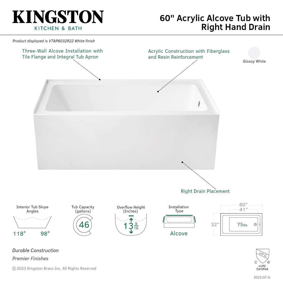 Kingston Brass Aqua Eden 60-Inch Acrylic Rectangular 3-Wall Alcove Tub, Hand Drain Hole