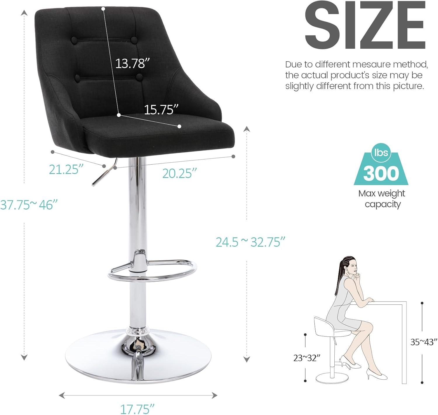 Brage Living Swivel Bar Stool with Back, Adjustable Fabric Tufted Barstool, Upholstered Counter Height Airlift Bar Chair for Kitchen Dining Cafe (Black)