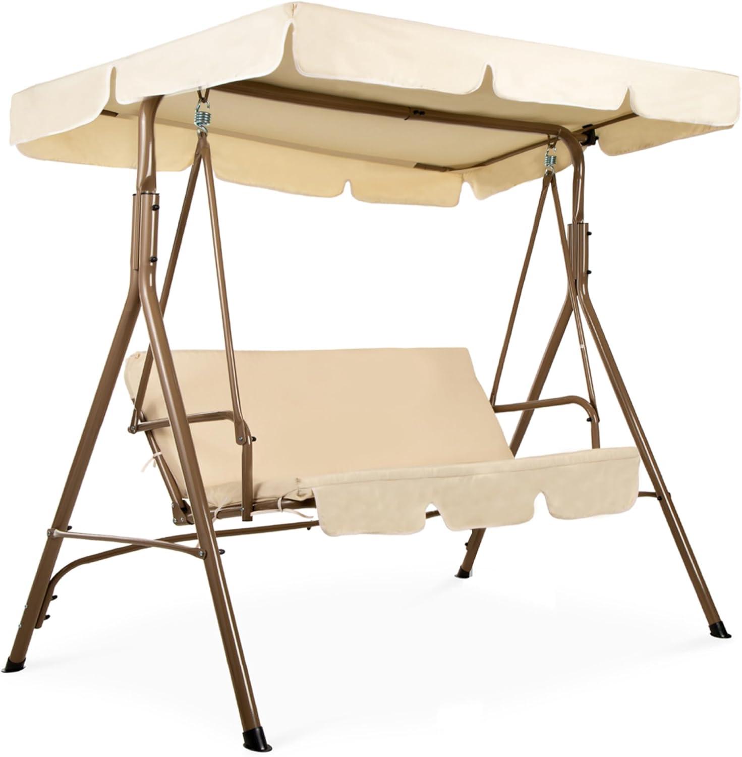 Best Choice Products 2-Person Outdoor Large Convertible Canopy Swing Glider Lounge Chair w/ Removable Cushions - Beige