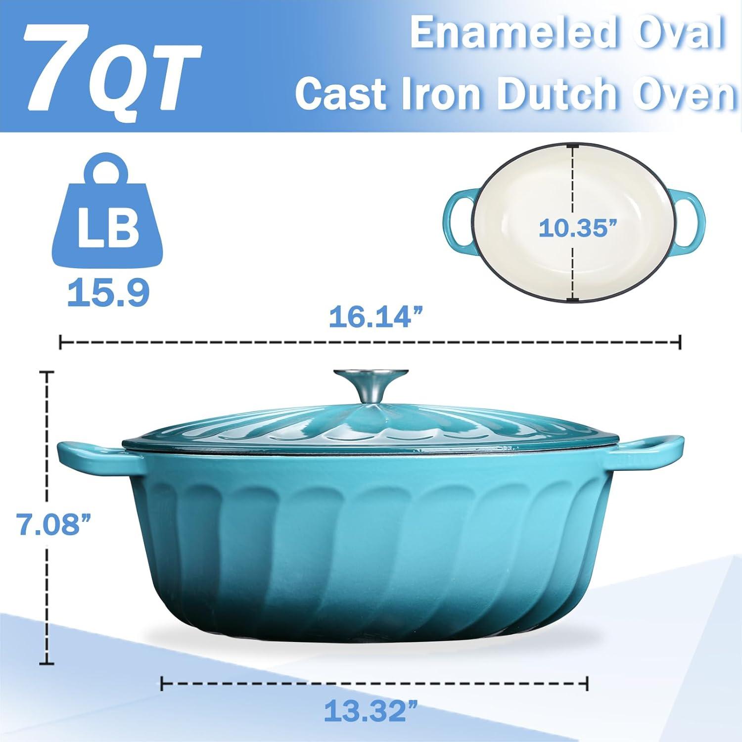 4 SEASONS FURNITURE 7 QT Enameled Cast Iron Oval Dutch Oven with Lid – Non-Stick Coating & Dual Handles
