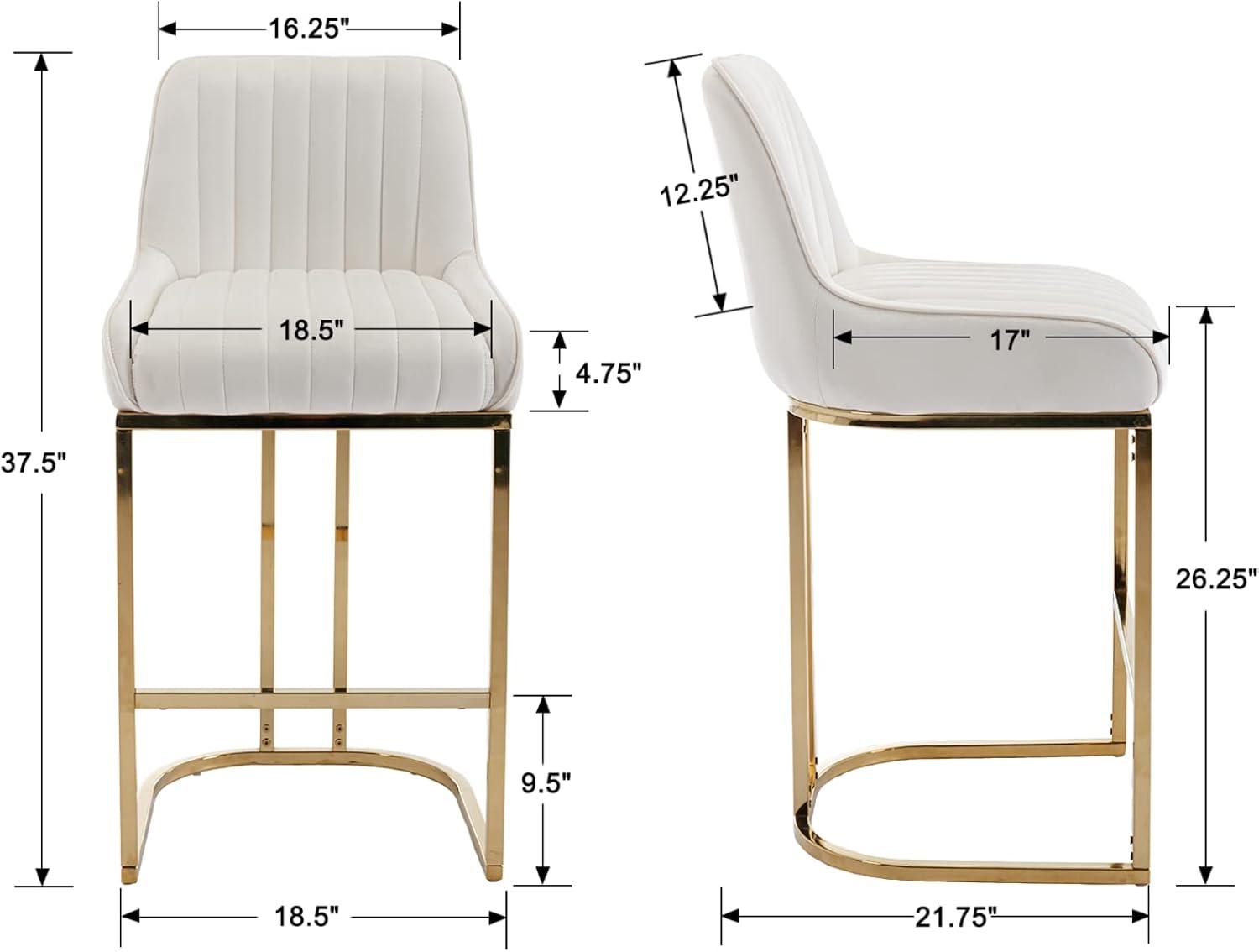 Counter Height Stools Set of 2, Velvet Bar Stools with 27 Inches Upholstered Seat Height, Handmade Woven Back Armrest, Sturdy Golden Metal Legs for Home Dining Pub Kitchen Island, Beige