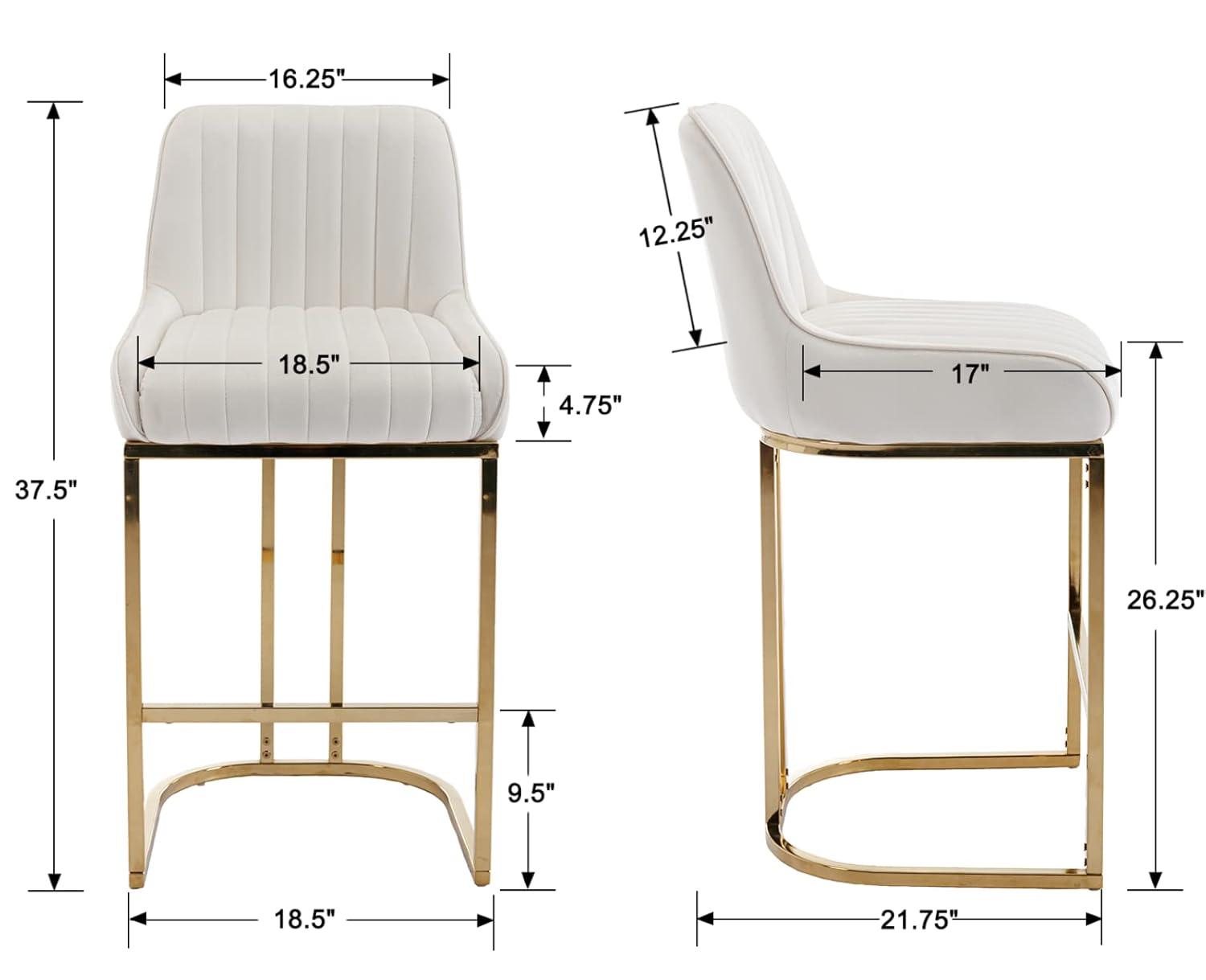 Counter Height Stools Set of 2, Velvet Bar Stools with 27 Inches Upholstered Seat Height, Handmade Woven Back Armrest, Sturdy Golden Metal Legs for Home Dining Pub Kitchen Island, Beige