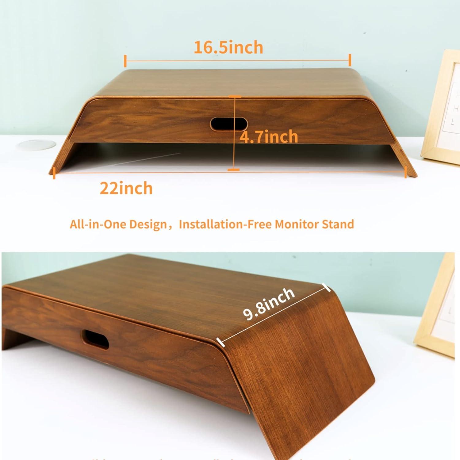 Walnut Wood Monitor Stand with Drawer and Buffer Rail