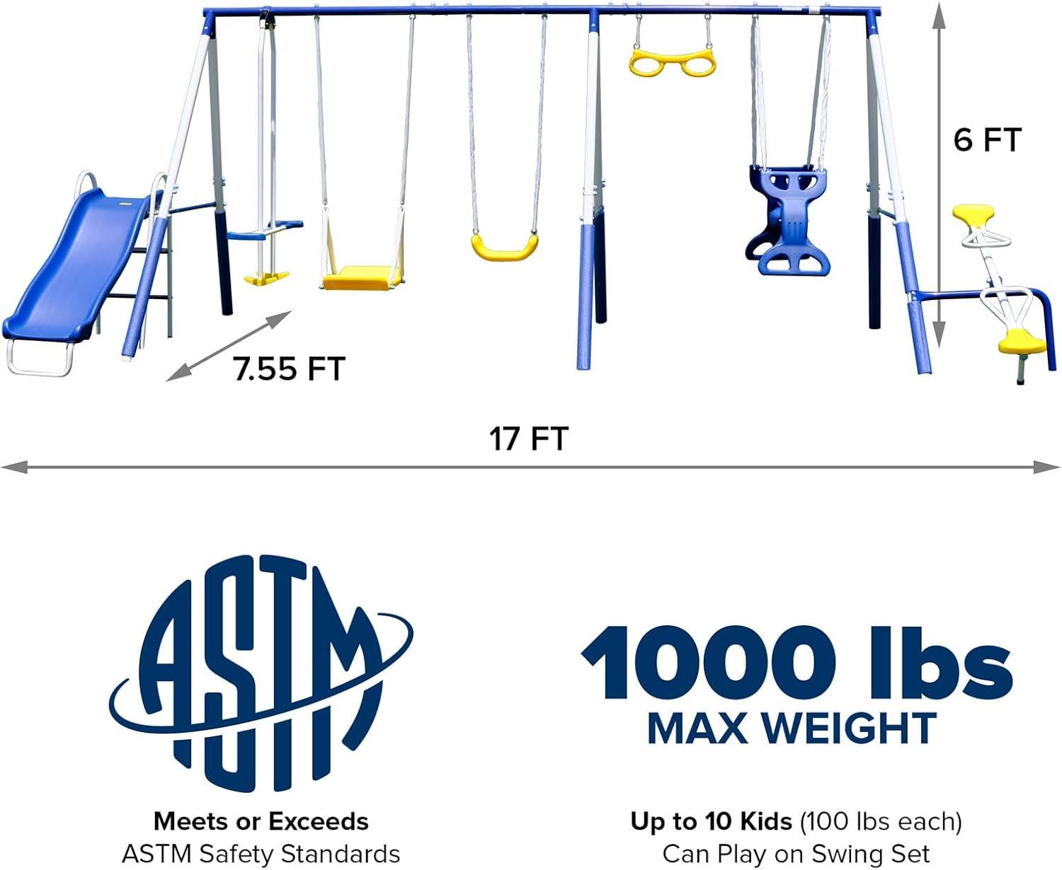 Sportspower Super 9 Metal Swing Set With Teeter Totter, 2 Person Glide Ride Swing,  Standing Swing, 2 Person Roman Glider Swing, Trapeze Bar, 1 Blow Molded Swing And 5' Slide With Lifetime Warranty, Bonus 4pc Anchor Kit Included