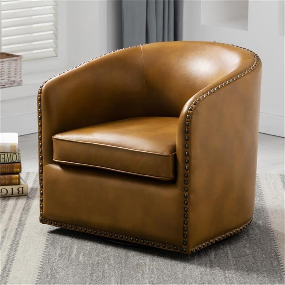 Comfort Pointe Tyler Faux Leather Solid Swivel Armchair, Camel Brown