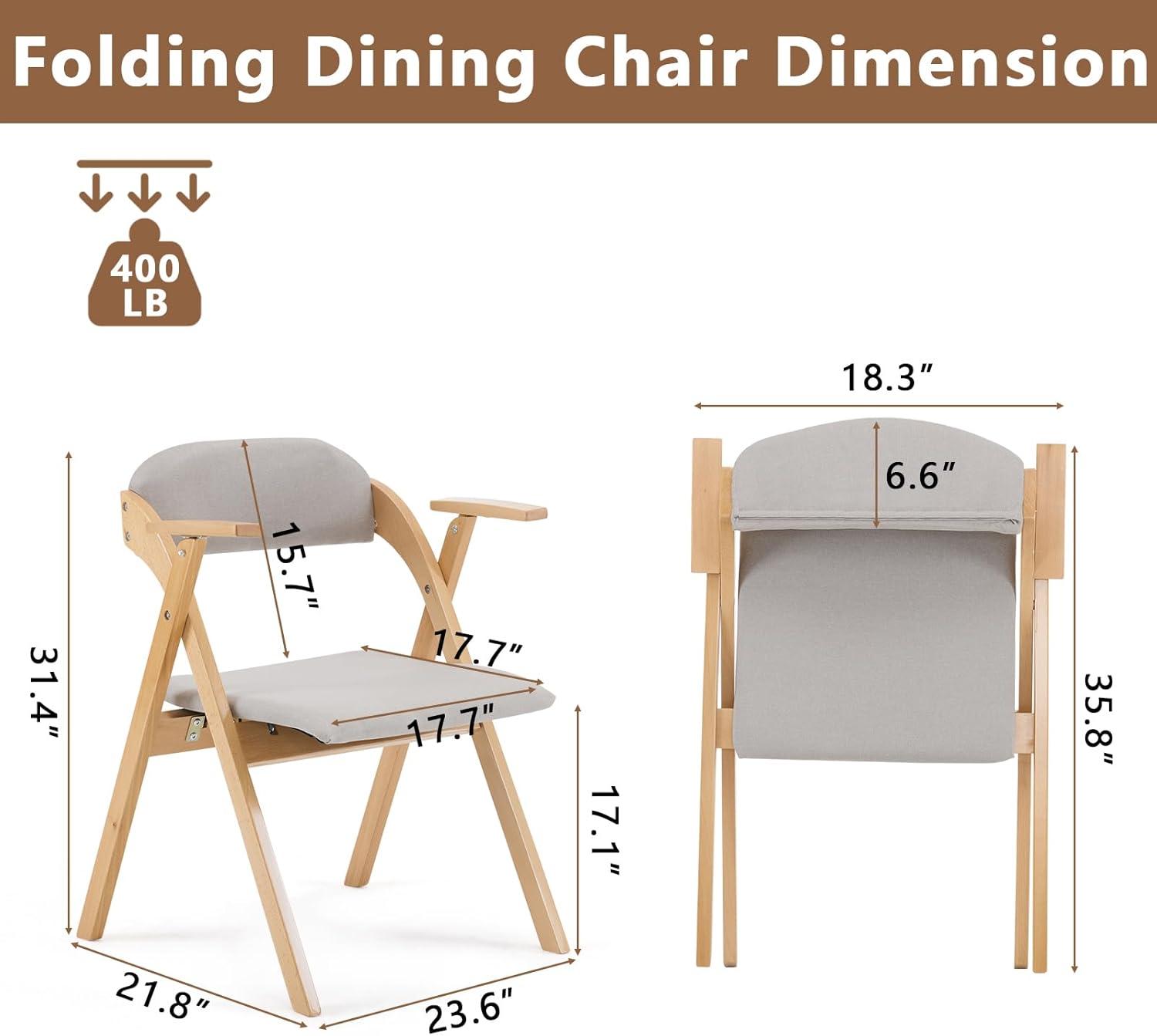 IVV Set of 2 Wooden Folding Chairs with Padded Seats and Backrests, Beechwood Frame Portable Chairs with Light Gray PU Leather Cushion
