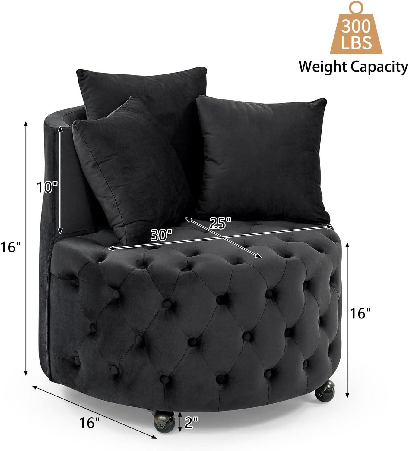 Swivel Barrel Accent Chair, 30in Modern Velvet Round Sofa Chair with 3 Pillows and Wheels, Comfy Tufted Club Lounge Chair for Living Room, Bedroom(Beige)