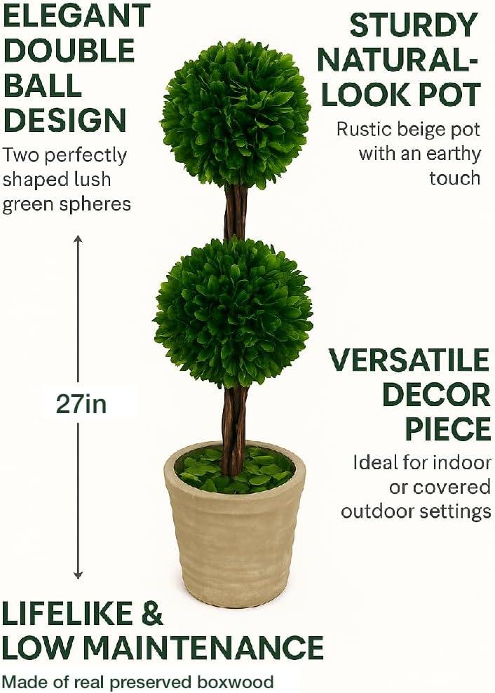 Modern Home 27" Real Preserved Boxwood Topiary Plant – Double Ball Faux Greenery in Rustic Pot – Indoor Outdoor Decorative Potted Plant for Home, Office, Porch, Patio, or Event Décor