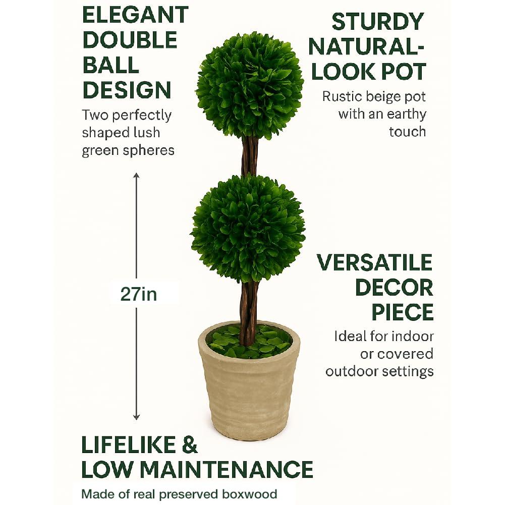 Modern Home 27" Real Preserved Boxwood Topiary Plant – Double Ball Faux Greenery in Rustic Pot – Indoor Outdoor Decorative Potted Plant for Home, Office, Porch, Patio, or Event Décor