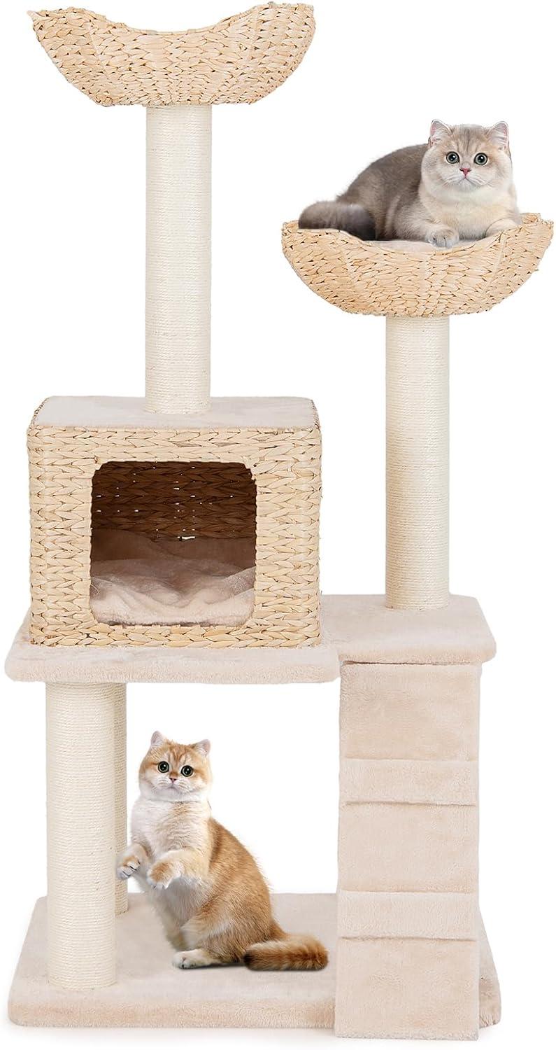 Giantex Wooden Cat Tree, 48 inches Cat Tower with Cattail Condo, Cat Bed, Hammock, Rotatable Jingling Balls, Natural Sisal Scratching Posts, Removable Cushion, Multi-Level Kitten Activity Center
