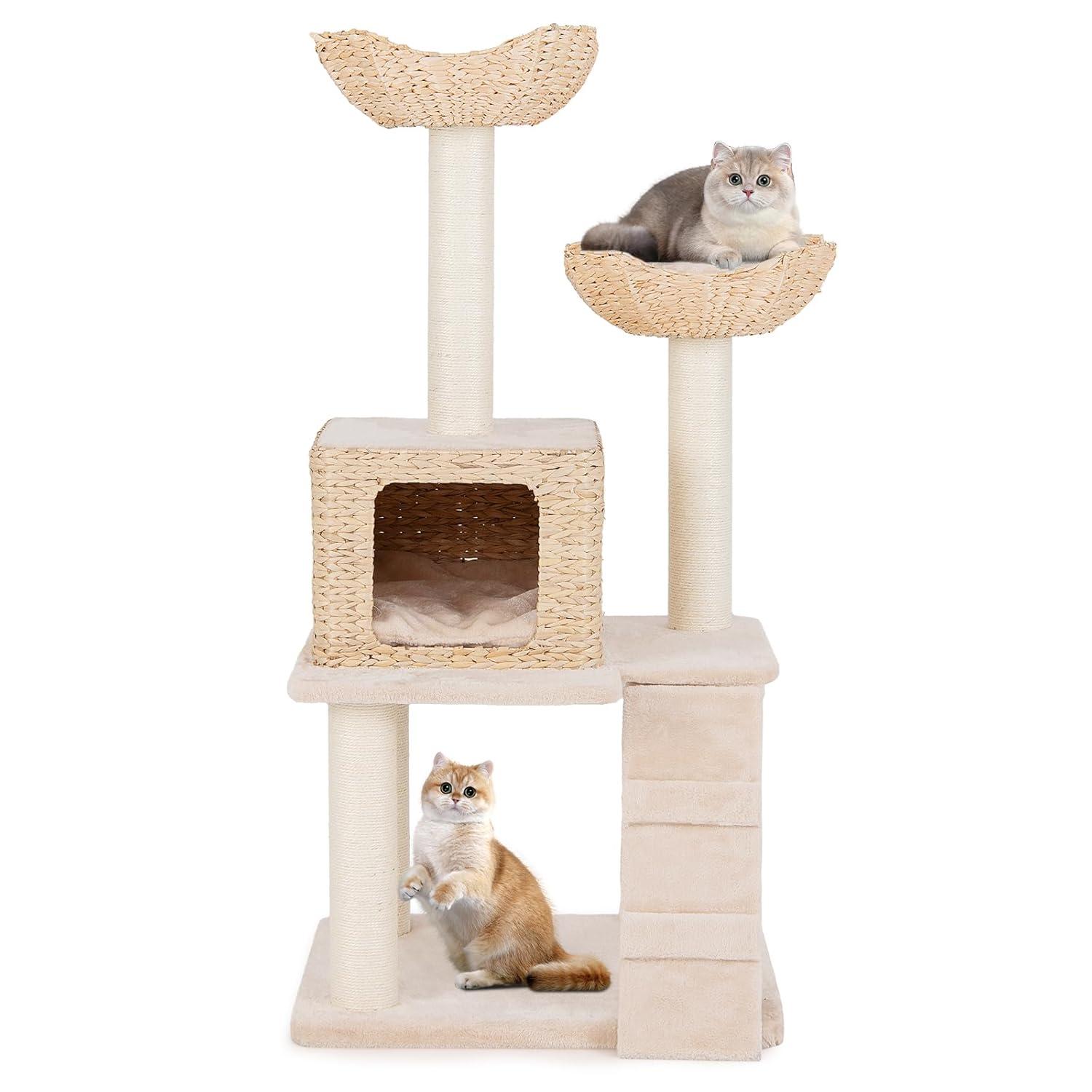 Tangkula 48" Cattail Cat Tower w/ Sisal Scratching Posts Perch Condo Basket Bed Ladder