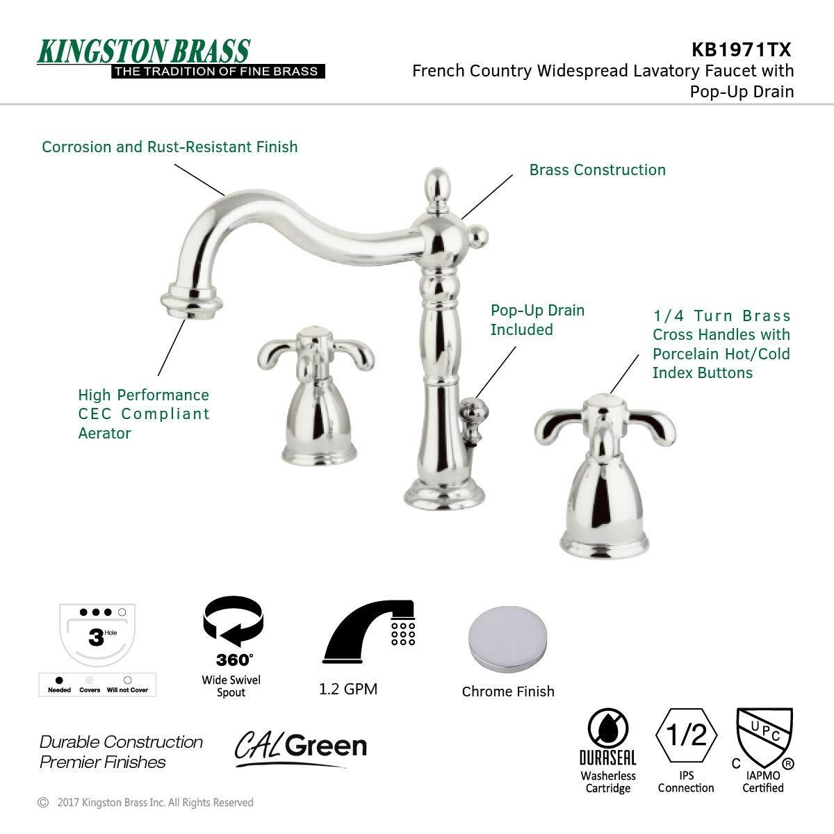 Kingston Brass French Country Two-Handle 3-Hole Deck Mount Widespread Bathroom Faucet with Pop-Up Drain