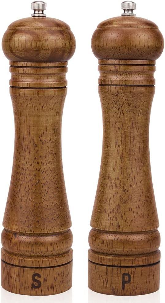 Natural Oak Wood Salt and Pepper Mill Set with Adjustable Ceramic Rotor