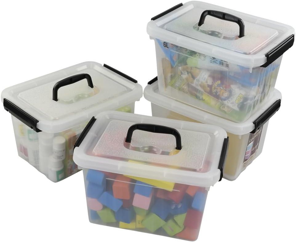 Ggbin 6 Quart Clear Latch Storage Box with Black Handle and Latches - 4 Pack