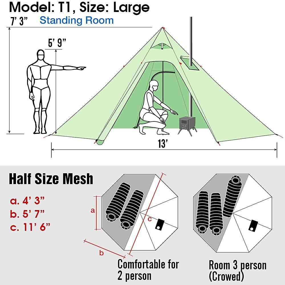 Ultralight Green 4-Person Four-Season Tipi Tent with Stove Jack