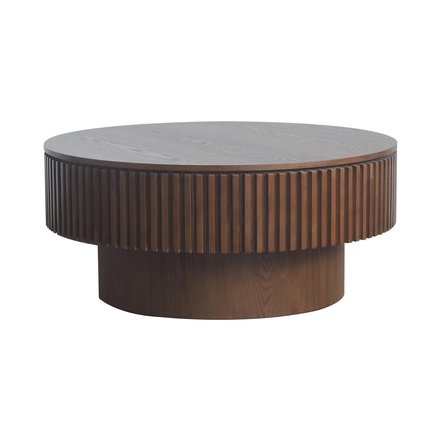 31.5" Round Wood Coffee Table with Storage - Modern Drum Circle Fluted Side Table for Apartment, Office - Easy Assembly, Walnut