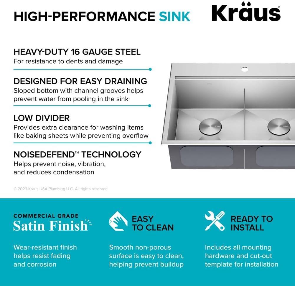 KRAUS Kore™ 30" L Drop-In Workstation 16 Gauge Stainless Steel Double Bowl Kitchen Sink with Accessories