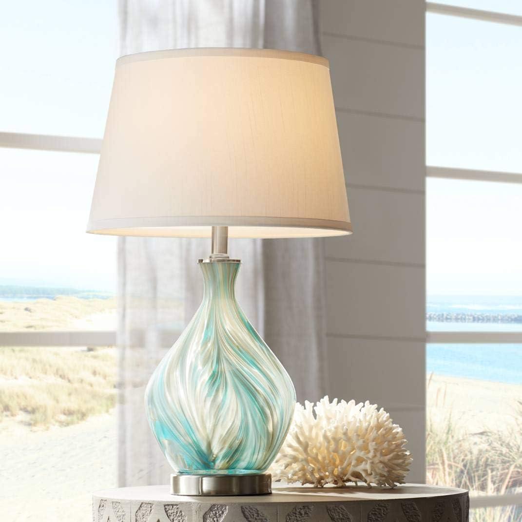 Blue Gray Art Glass Table Lamp with White Drum Shade