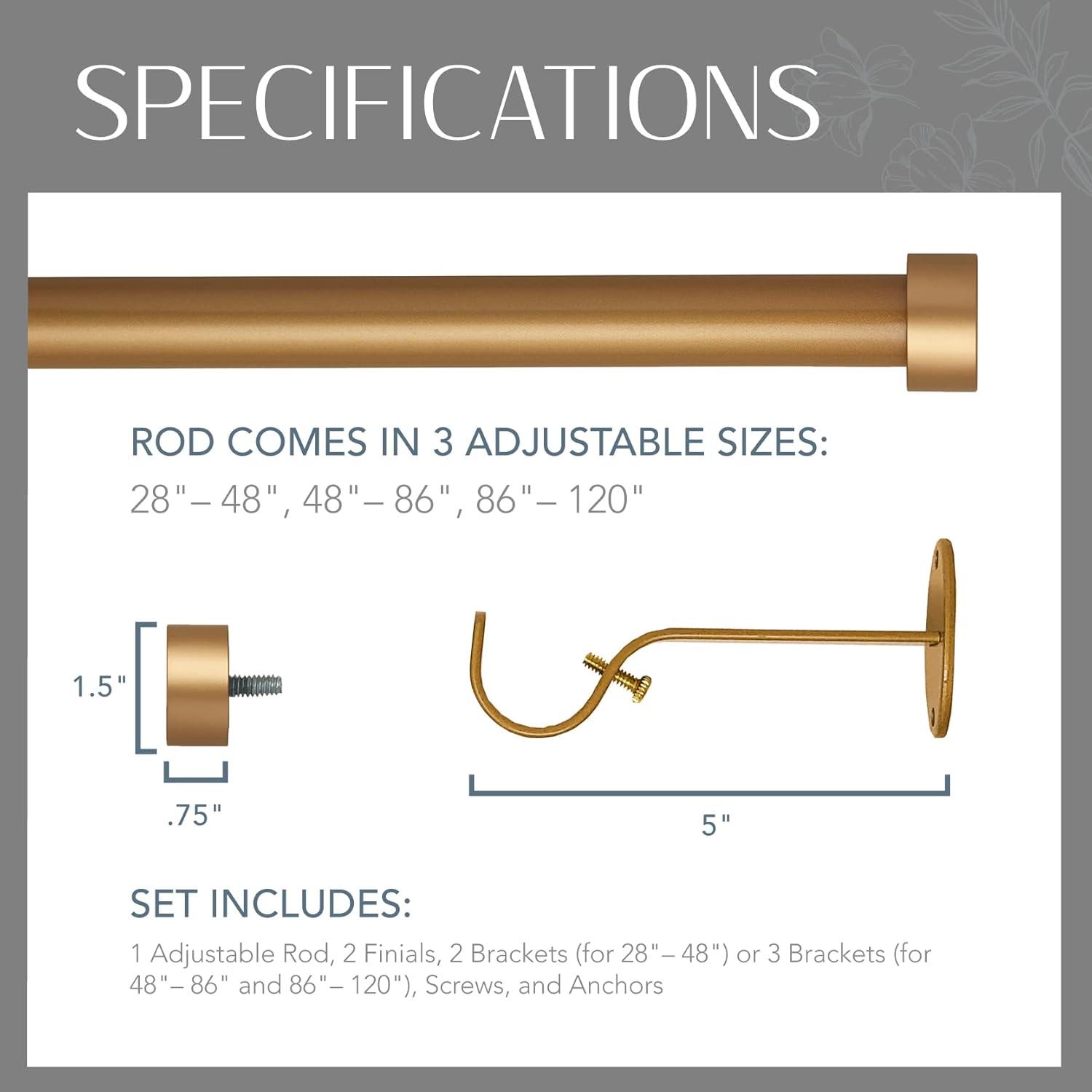 Serena Soft Gold Adjustable Curtain Rod with Cap Finials, 28"-48"