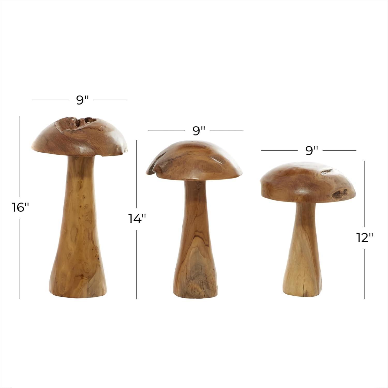 DecMode Contemporary Brown Wood Mushroom Sculpture with Golden Brown/Beige Finish, Set of 3 16", 14", 12"H