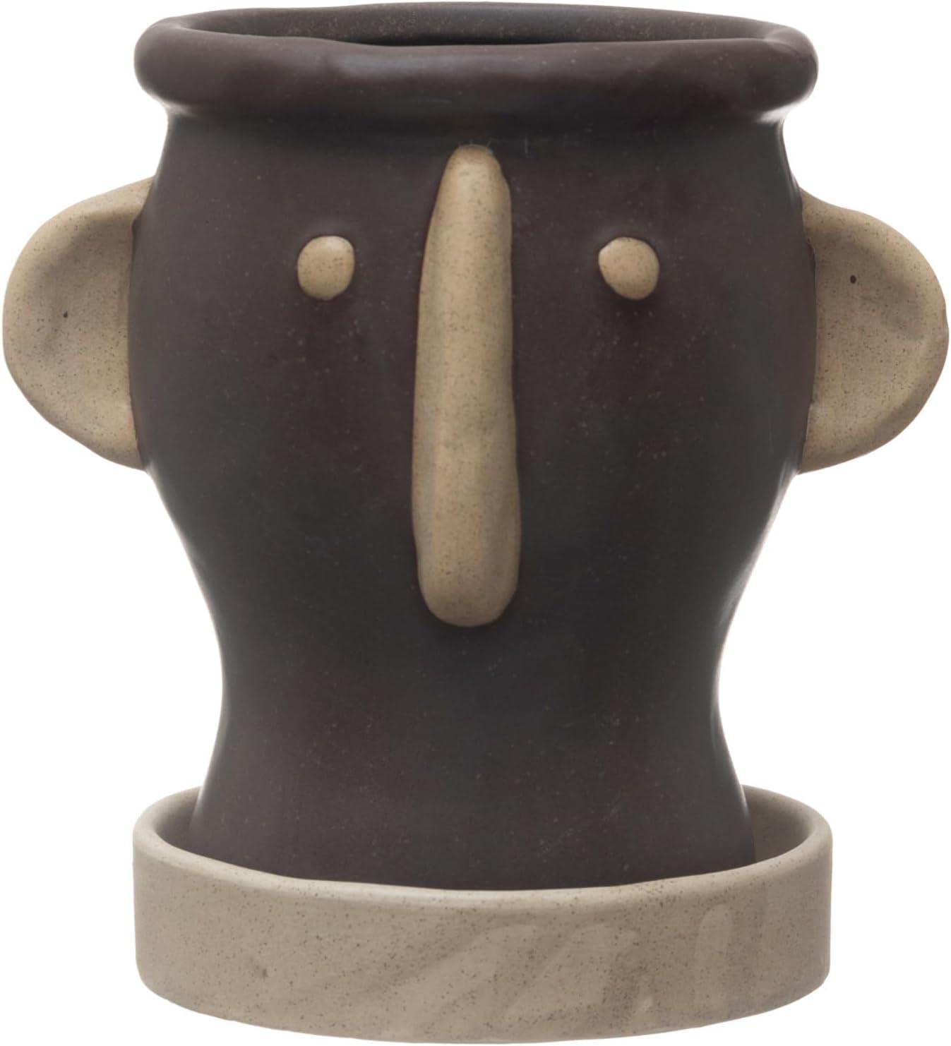 Creative Co-Op Creative Co-Op Stoneware Face Planter with Saucer, Matte Black and Cream