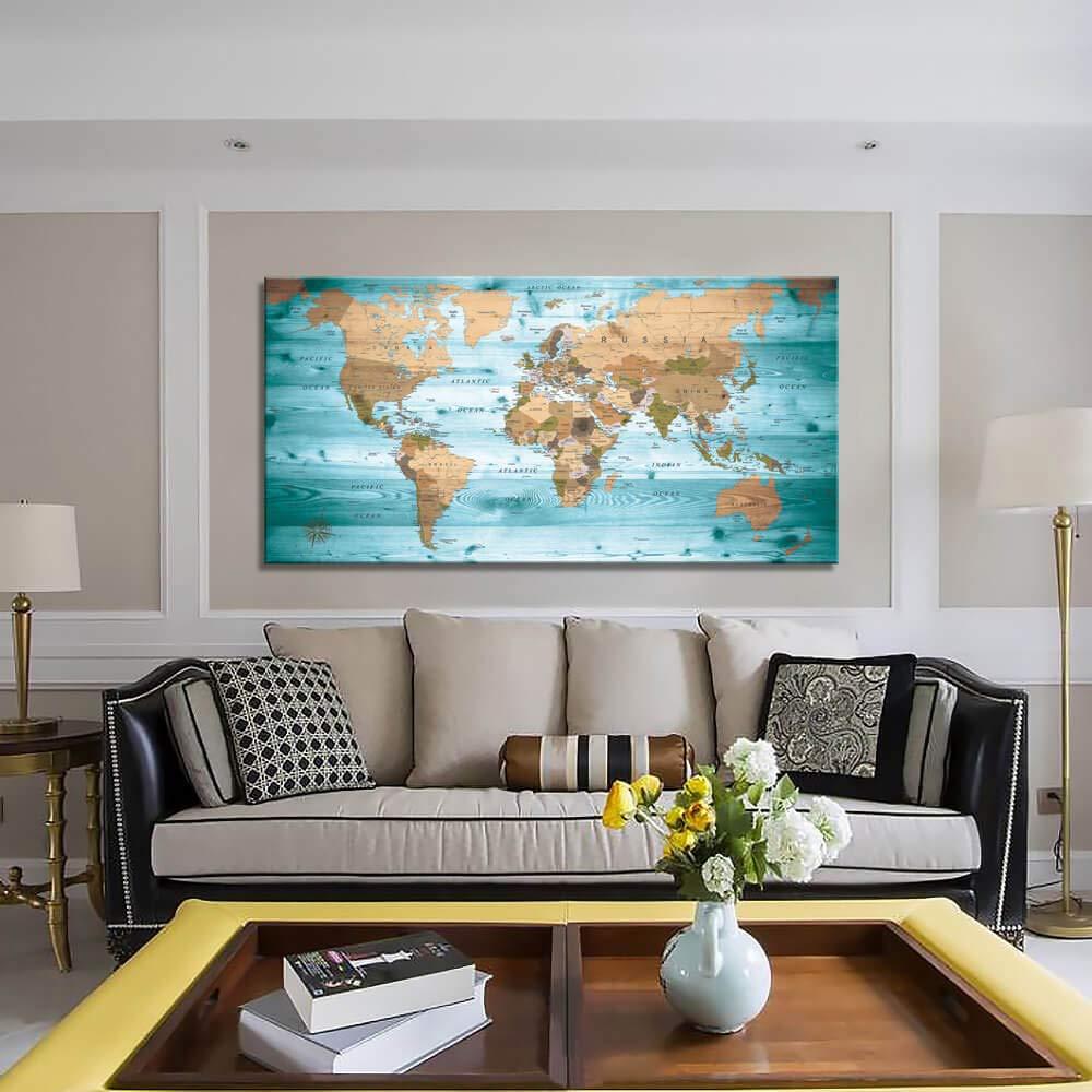 World Map Poster Wall Art for Office Decor Vintage Photos Canvas Prints Nautical Large Modern Framed Map of The World Canvas Wall Art Maps Pictures for Living Room Home Decor 24 x 48 Inches