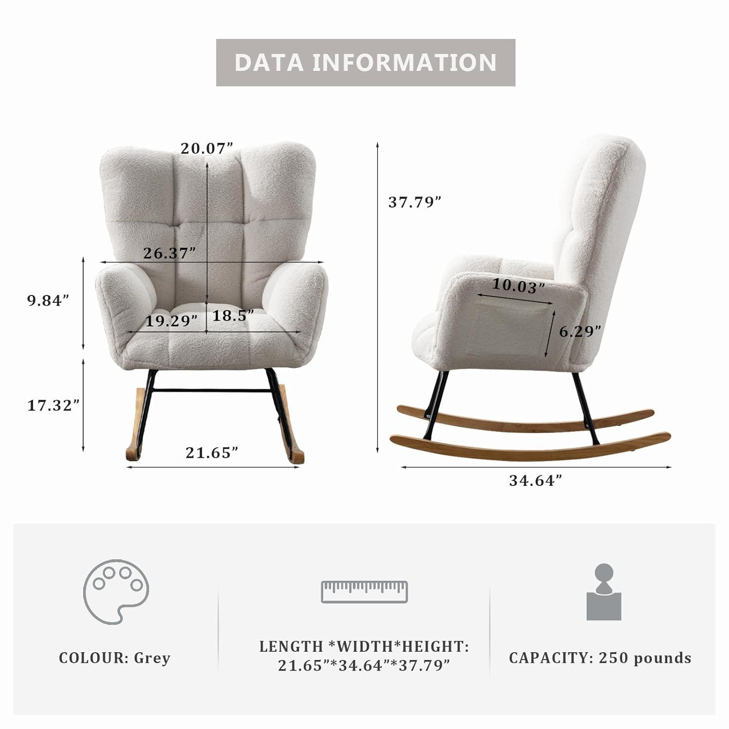 Nursery Rocking Chair Teddy, Upholstered Glider Rocker with High Backrest, Comfortable Stylish Accent Armchair with Padded Seat for Living Rooms, Bedrooms, Offices