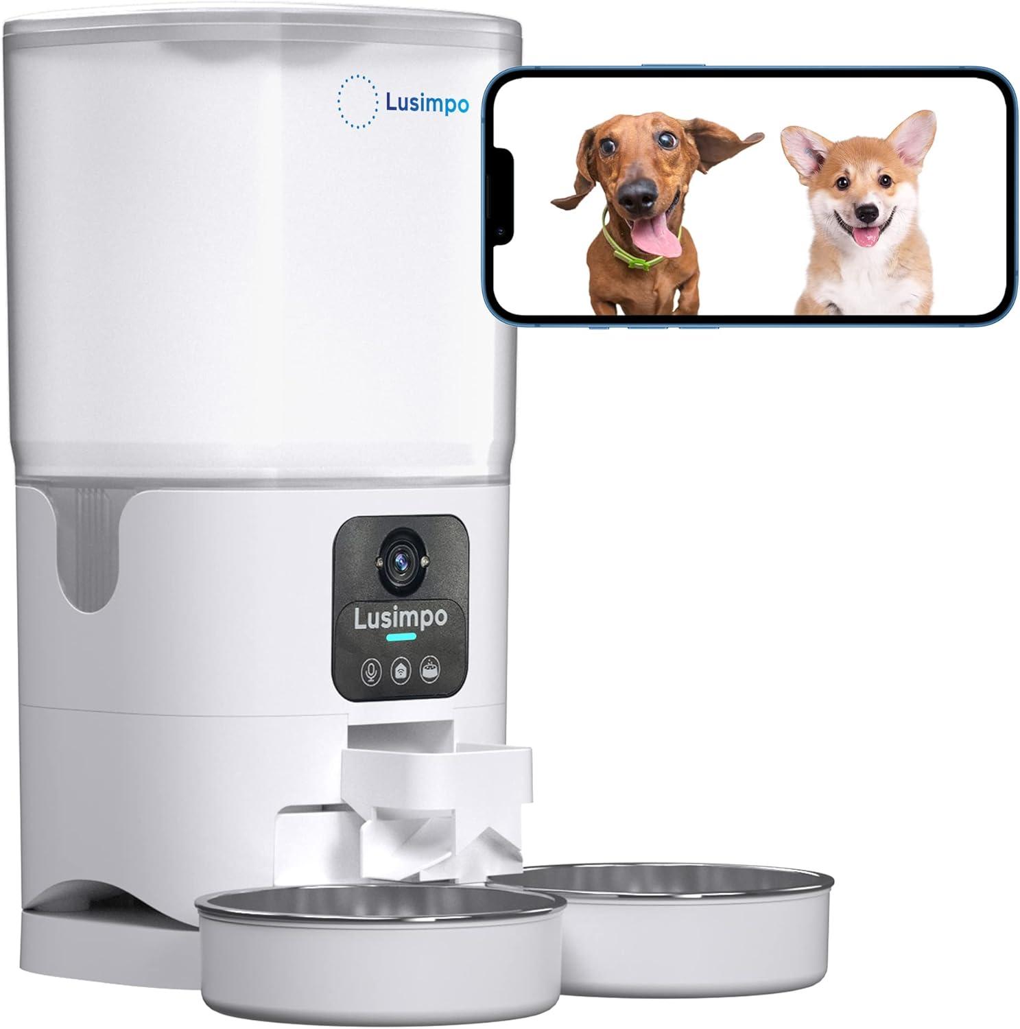 LUSIMPO Automatic Dual Pet Feeder with 1080P HD Camera for 2 Dogs/Cats, Double Bowls, Free App Control, Scheduled Feeding, Auto Night Vision, Large Food Capacity 7L, Motion Detection, No Monthly fee