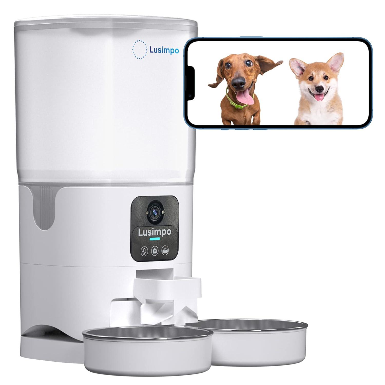 LUSIMPO Automatic Dual Pet Feeder with 1080P HD Camera for 2 Dogs/Cats, Double Bowls, Free App Control, Scheduled Feeding, Auto Night Vision, Large Food Capacity 7L, Motion Detection, No Monthly fee