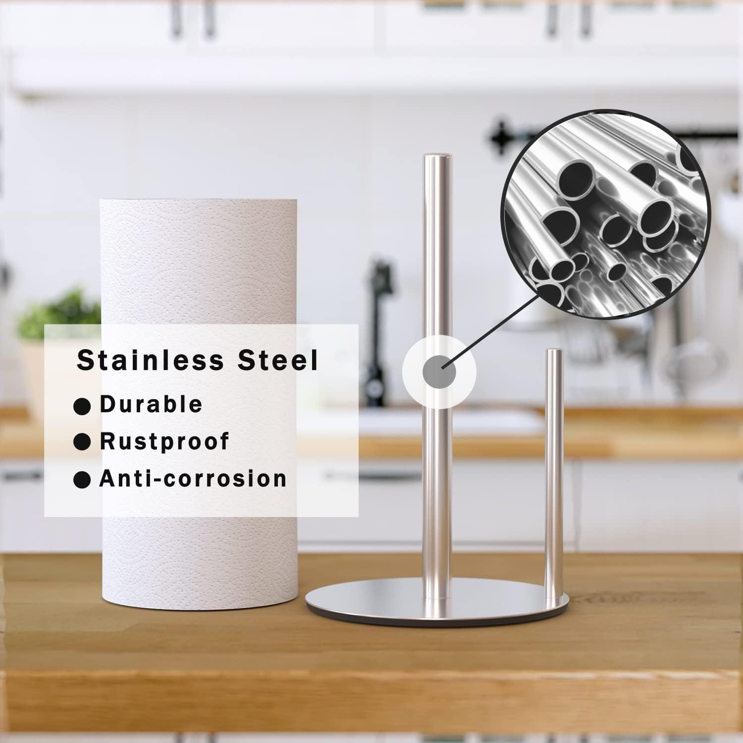 Silver Stainless Steel Kitchen Paper Towel Holder with Weighted Base