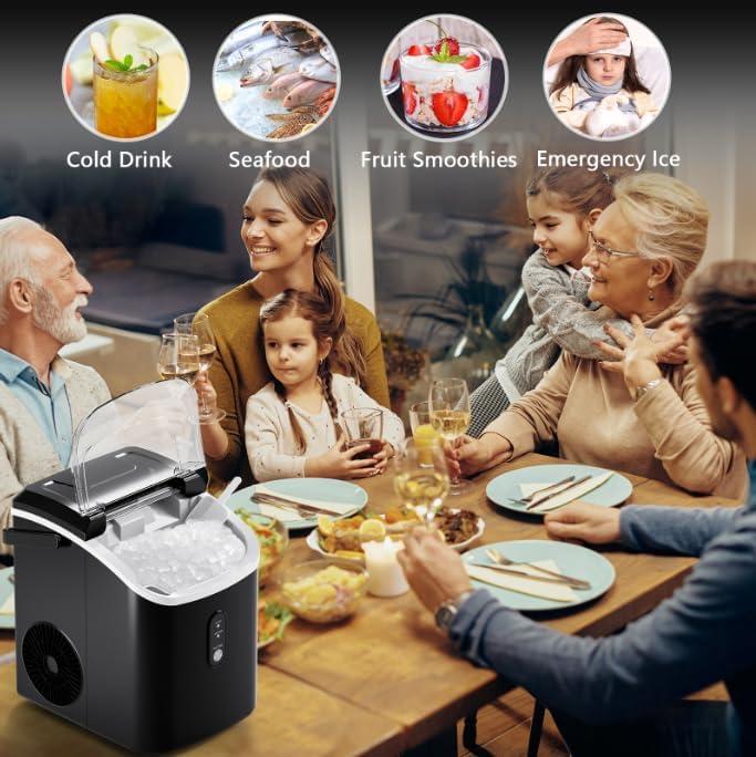 Portable Black Nugget Ice Maker with Handle and Self-Cleaning