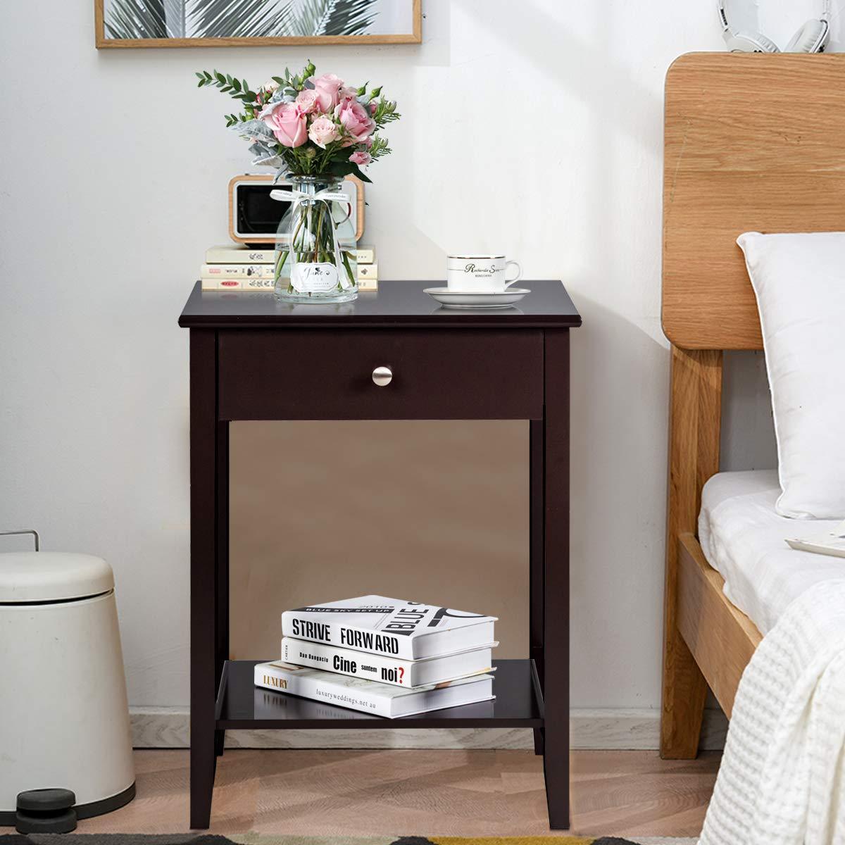Tangkula End Table Nightstand w/Drawer & Shelf Bedroom Living Room Furniture Brown